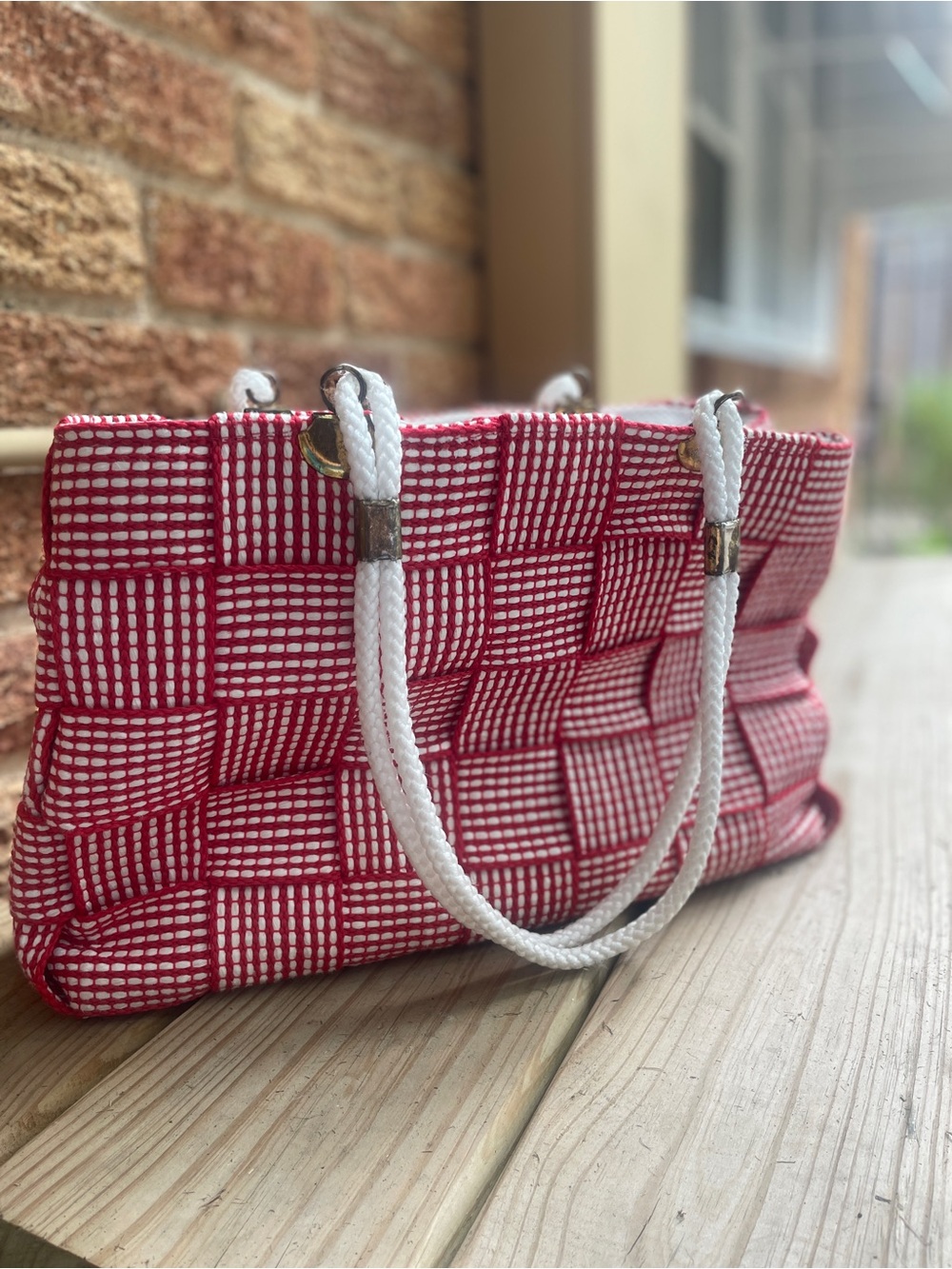 Woven Red and White Tote Bag with Rope Handles